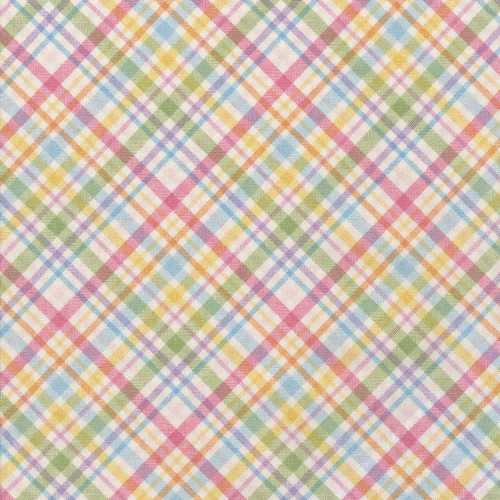 Henry Glass Fabrics Basket Full of Blessings Catherine Bartolli Powder Pink Plaid, colorful pastel pink, green, yellow, blue, and purple plaid fabric with a soft, woven texture.