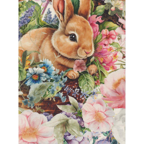 Henry Glass Fabrics Basket Full of Blessings Catherine Bartolli Powder Pink Panel, a fabric panel featuring a cute bunny surrounded by colorful flowers and lush greenery.