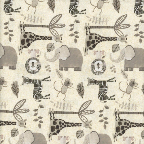 Henry Glass Fabrics Jungle Romp Betsey Cavallo Cream Small Allover Animals, fabric with a pattern of cartoon animals including elephants, giraffes, lions, and mice in neutral tones.