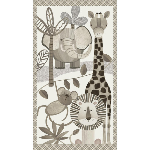 Henry Glass Fabrics Jungle Romp Betsey Cavallo Multi 24 Inch Jungle Panel, illustrated jungle animals including an elephant, giraffe, lion, monkey, and zebra in a beige and brown color palette.