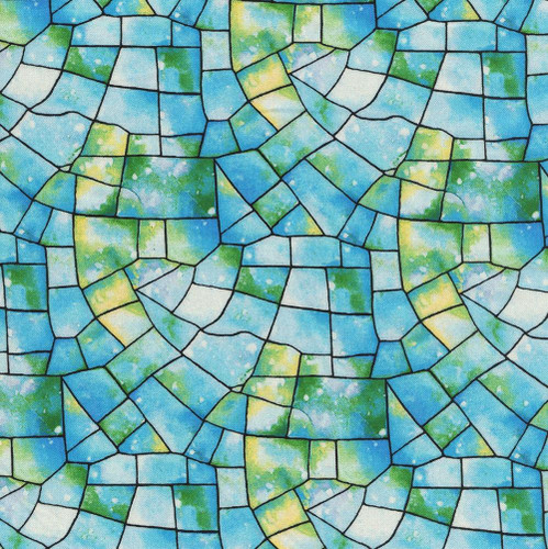 Henry Glass Fabrics Kaleidoscope 108 Inch City Art Studio Turquoise Blue Green Stained Glass, colorful mosaic stained glass fabric pattern with blue, green, yellow, and white tones.