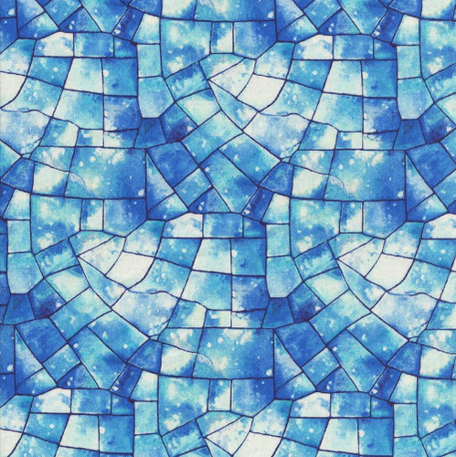 Henry Glass Fabrics Kaleidoscope 108 Inch City Art Studio Sky Blue Stained Glass, a detailed close-up of a vibrant stained glass pattern in various shades of blue with a mosaic design.