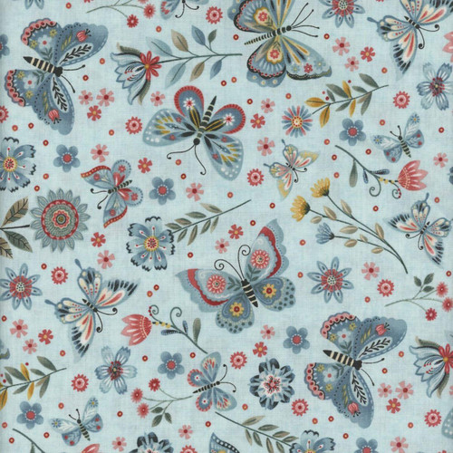 Henry Glass Fabrics Norwegian Forest Mary Jane Carey Pale Blue Butterfly fabric with a pattern of colorful butterflies, flowers, and leaves on a pale blue background.