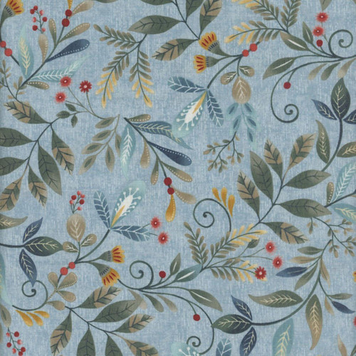 Henry Glass Fabrics Norwegian Forest Mary Jane Carey Pale Blue Forest Foliage, fabric with a light blue background featuring a detailed botanical pattern of leaves, berries, and flowers in shades of green, yellow, red, and navy.