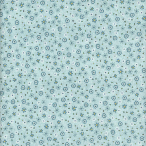 Henry Glass Fabrics Norwegian Forest Mary Jane Carey Pale Blue Calico, fabric with a delicate floral pattern featuring small blue, yellow, and white flowers on a light blue background.