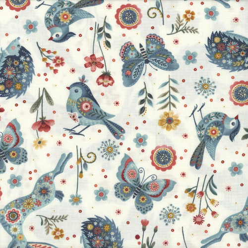 Henry Glass Fabrics Norwegian Forest Mary Jane Carey Cream Woodland Character Toss, fabric with colorful woodland animals, birds, butterflies, and floral patterns on a cream background.