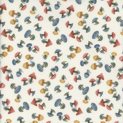 Henry Glass Fabrics Norwegian Forest Mary Jane Carey Cream Mushrooms, fabric pattern featuring colorful whimsical mushrooms on a cream background.