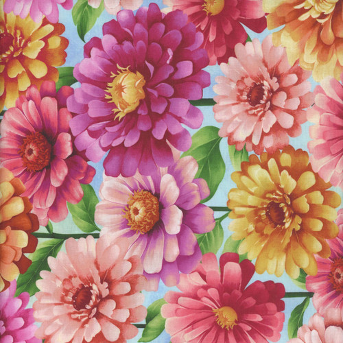 Henry Glass Fabrics Blissful Blooms Color Principle Sky Blue Multi Zinnias