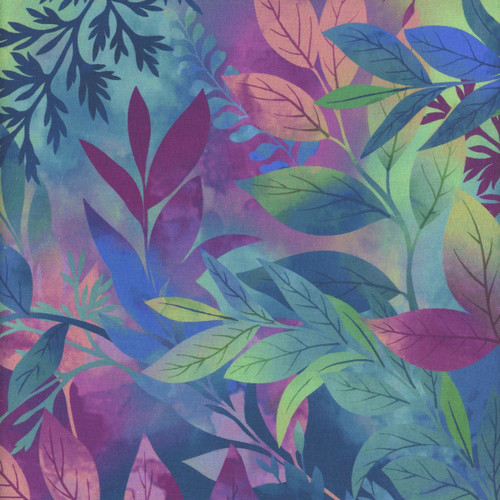 Henry Glass Fabrics Blissful Blooms Color Principle Peacock Blue Green Multi Ombre Leaves