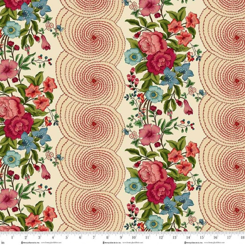 Henry Glass Fabrics Lost Gardens of Heligan Michelle Yeo Cream Red Green Floral Border Stripe