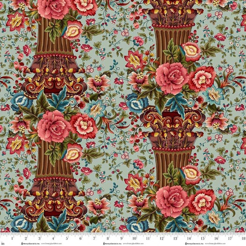 Henry Glass Fabrics Lost Gardens of Heligan Michelle Yeo Teal Blue Red Brown Floral Column Stripe