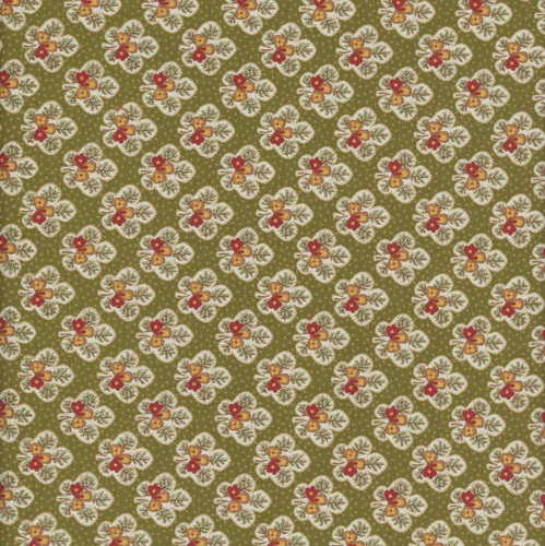 Henry Glass Fabrics Love Struck Kim Diehl Green Leafy Blossoms, fabric with a pattern of small white flowers with yellow and red centers, green leaves, and dotted green background.