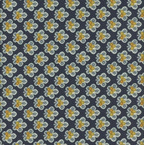 Henry Glass Fabrics Love Struck Kim Diehl Navy Leafy Blossoms, navy fabric with a floral pattern of yellow flowers and green leaves.