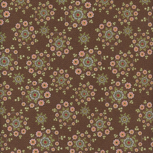 Henry Glass Fabrics Love Struck Kim Diehl Brown Daisy Wreaths, detailed floral print fabric with pink and blue flowers, green leaves, and small white dots on a brown background.