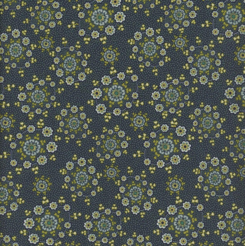 Henry Glass Fabrics Love Struck Kim Diehl Navy Blue Daisy Wreaths fabric, navy blue background with yellow, white, and green floral wreaths and small dotted details.
