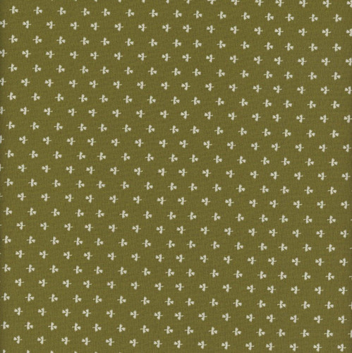 Henry Glass Fabrics Love Struck Kim Diehl Green Potted Tulips, fabric with small white floral motifs on an olive green background.