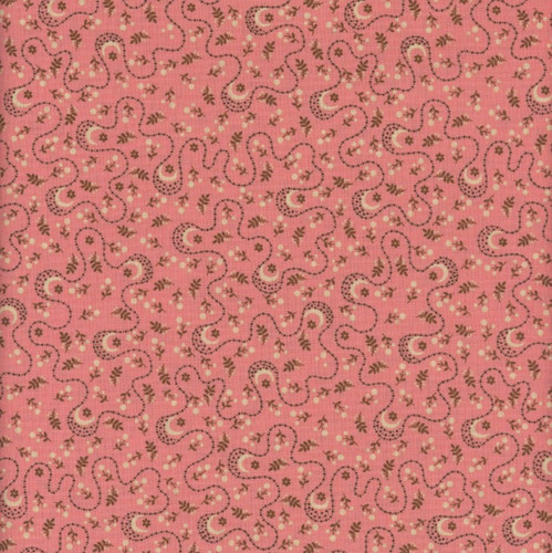 Henry Glass Fabrics Love Struck Kim Diehl Pink Nature Walk, pink background with small floral and vine patterns in white and brown, featuring dotted and curved designs.