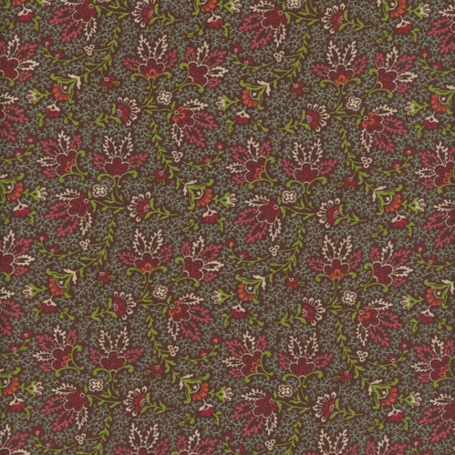 Henry Glass Fabrics Love Struck Kim Diehl Brown Praire Blossoms, fabric with intricate floral pattern in shades of pink, red, green, and beige on a brown background.