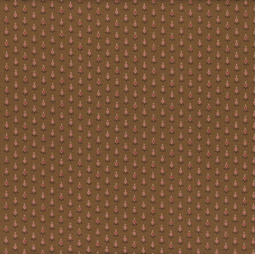 Henry Glass Fabrics Love Struck Kim Diehl Brown Peppercorn Medley, fabric with small pink and red diamond and floral pattern on a brown background.