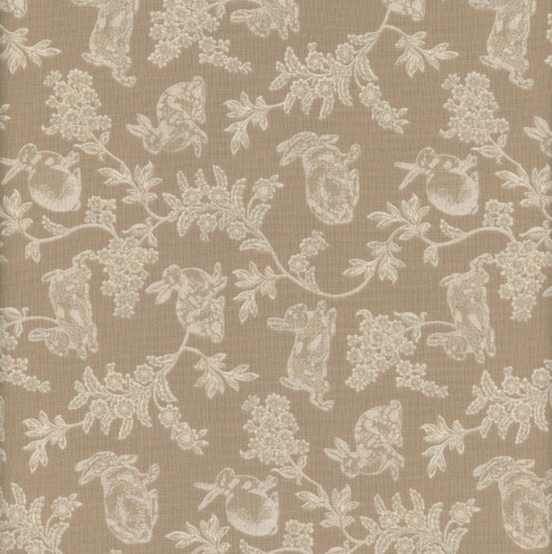 Henry Glass Fabrics Love Struck Kim Diehl Gray Meadow Toile, a fabric with a beige background and white toile pattern featuring rabbits, flowers, and foliage.