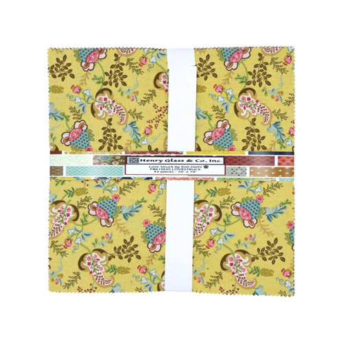 Henry Glass Fabrics Love Struck Kim Diehl Layer Cake Ten Inch, a fabric pack featuring a yellow background with colorful floral and heart patterns.