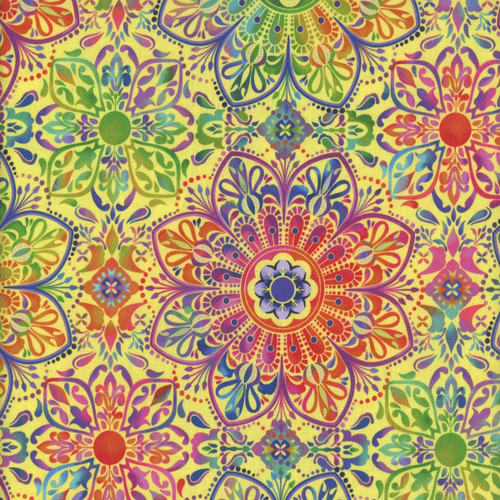 Studio E Fabrics Fabrics Butterfly Boutique Elizabeth Isles Yellow Medallions, a vibrant and colorful floral patterned fabric with intricate medallion and floral designs.