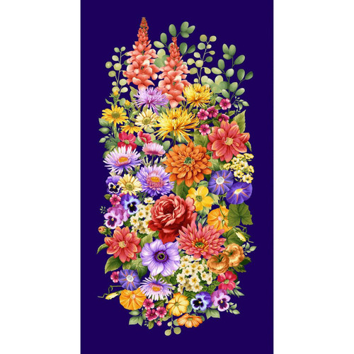 Studio E Fabrics Fabrics Butterfly Boutique Elizabeth Isles Indigo Blue Floral Panel, vibrant and detailed floral fabric design featuring a variety of colorful flowers on a deep indigo blue background.
