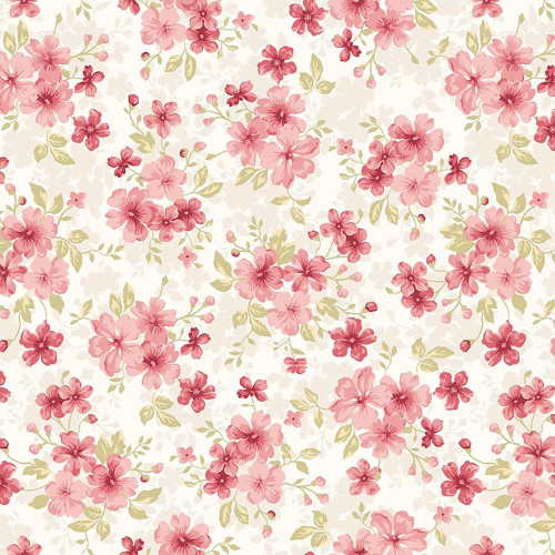 Studio E Fabrics Elizabeth Max Tate Parchment Cream Floral Bouquet Toss, a fabric with a floral pattern of pink and red flowers with green leaves on a cream background.