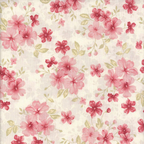 Studio E Fabrics Elizabeth Max Tate Parchment Cream Floral Bouquet Toss, a fabric with a floral pattern featuring pink and red flowers and green leaves on a light cream background.