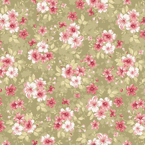 Studio E Fabrics Elizabeth Max Tate Sage Green Floral Bouquet Toss, green fabric with pink and white floral pattern.