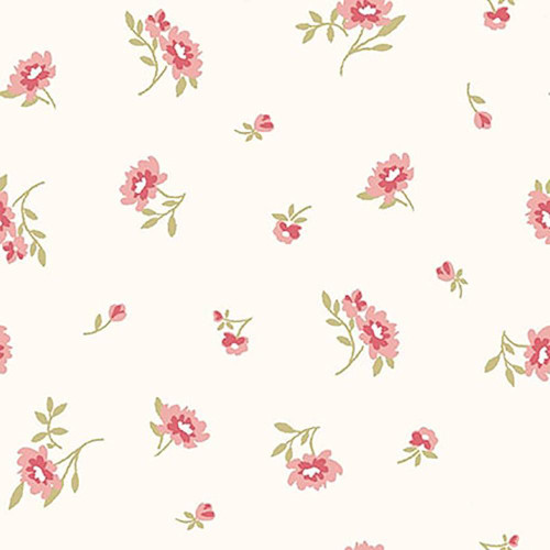 Studio E Fabrics Fabrics Elizabeth Max Tate Parchment Cream Single Floral Toss, floral fabric with pink flowers and green leaves on a cream background.