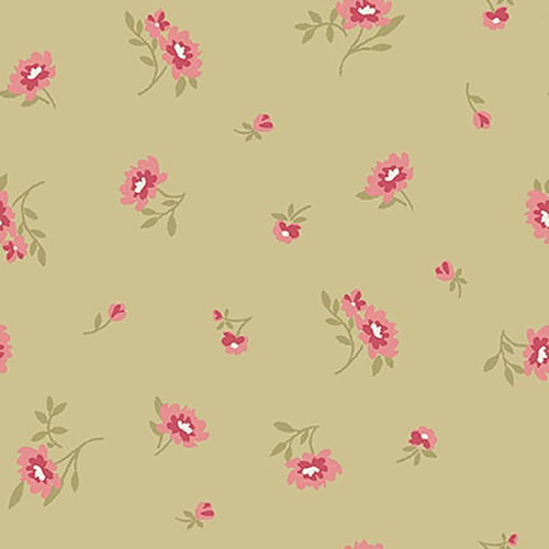 Studio E Fabrics Fabrics Elizabeth Max Tate Sage Green Single Floral Toss, a fabric with a sage green background and pink floral pattern with green leaves.