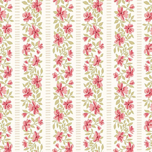 Studio E Fabrics Elizabeth Max Tate Parchment Cream Floral Stripe, fabric featuring pink floral and green leaf pattern on a cream background with striped accents.