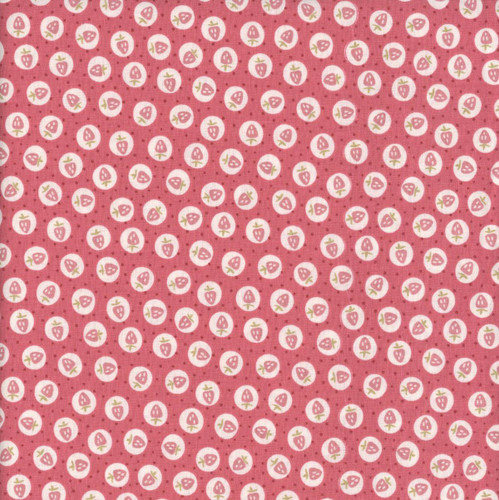 Studio E Fabrics Elizabeth Max Tate Pomegranate Pink Strawberry Toss, fabric with pink background featuring small white strawberry circles with green leaves and pink strawberries, and tiny black dots.
