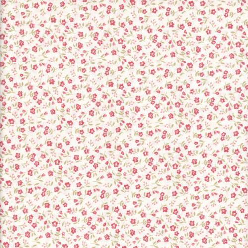 Studio E Fabrics Elizabeth Max Tate Parchment Cream Ditsy Floral fabric, pink and green floral pattern on a cream background.