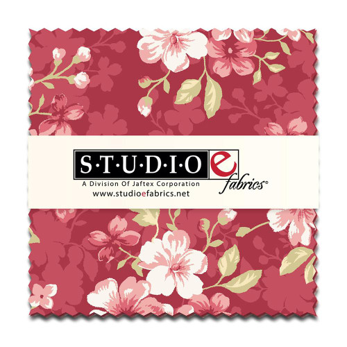 Studio E Fabrics Elizabeth Max Tate Multi Charm Squares Five Inch, floral printed fabric swatch with pink and white flowers on a red background.