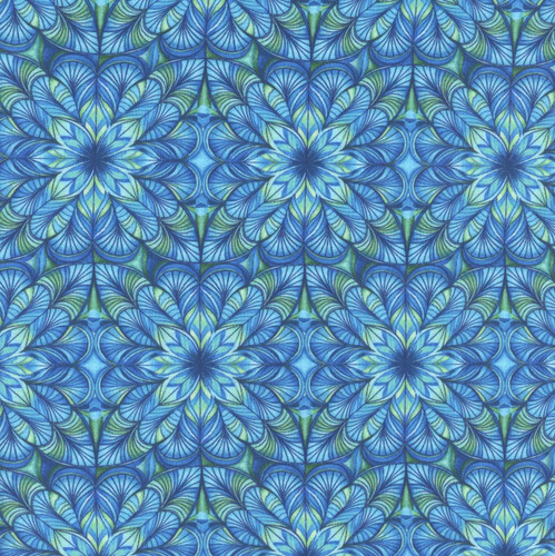 Studio E Fabrics Fabrics Flower Fusion Crazy Marie Blue Green Geometric Flower, vibrant blue and green geometric flower pattern on fabric.