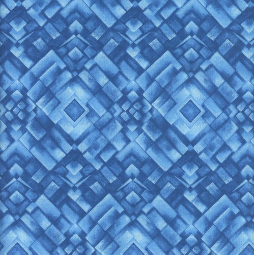 Studio E Fabrics Fabrics Flower Fusion Crazy Marie Blue Mosaic, a close-up view of a vibrant blue fabric with a geometric mosaic pattern of various-sized squares and diamonds.