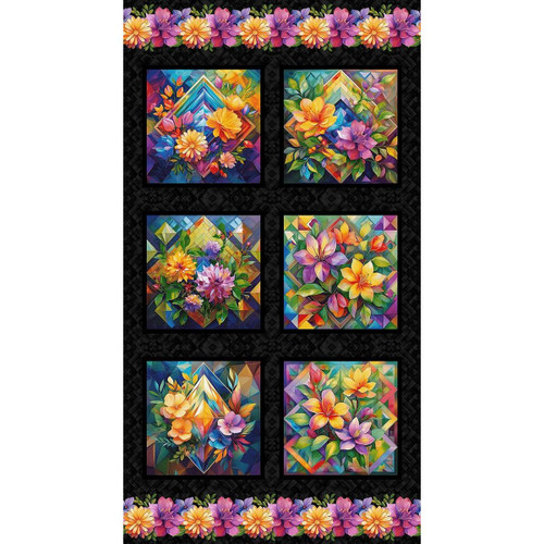 Studio E Fabrics Fabrics Flower Fusion Crazy Marie Multi Blocks, colorful floral quilts displayed in a grid pattern with decorative floral borders.