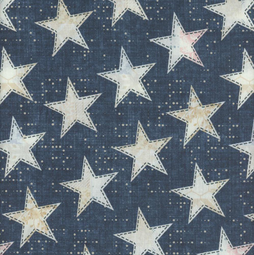 Studio E Fabrics Fabrics Pieces of America Lilac Bee Designs Blue Big Stars on Blue, close-up of star pattern on fabric featuring large white and beige stars on a navy blue background with small dotted details.