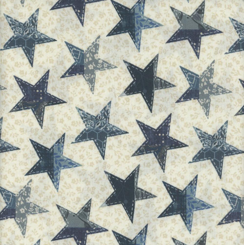 Studio E Fabrics Fabrics Pieces of America Lilac Bee Designs Cream Big Stars on Cream, fabric with a pattern of large navy stars with different designs on a cream background.