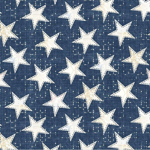 Studio E Fabrics Fabrics Pieces of America Lilac Bee Designs Blue Small Stars, fabric featuring white stars with beige accents on a blue background with small white dots.