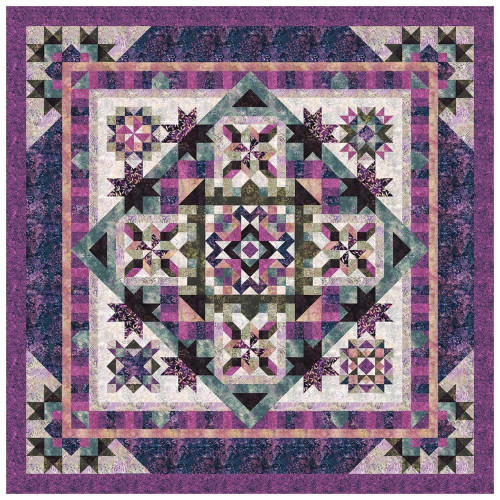 Timeless Treasures Fabrics Chateau Tonga Batiks Chateau Queen Quilt Kit, intricate quilt featuring a vibrant purple border with detailed geometric patterns and floral motifs in various shades of purple, pink, green, and cream.