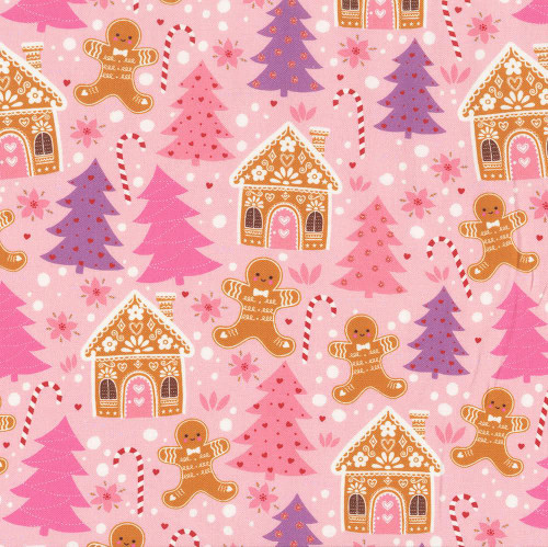 Mia Presley Designs Fabrics Sugar Plum Pink Purple Gingerbread Wonderland House Pine Trees, festive holiday pattern with gingerbread houses, pink and purple pine trees, gingerbread cookies, candy canes, and snowflakes on a pink background.