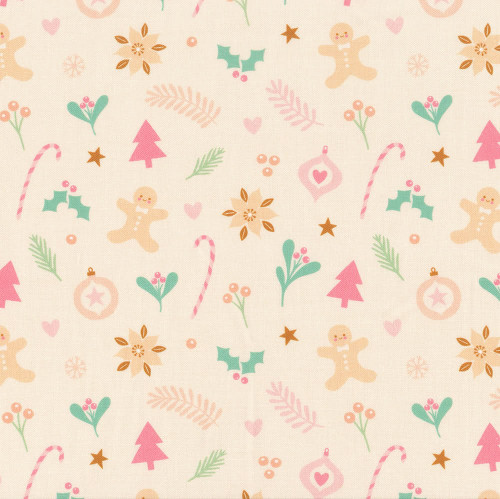 Mia Presley Designs Fabrics Sugar Plum Cream Pink Aqua Green Gingerbread Men Candy Cane Ornaments