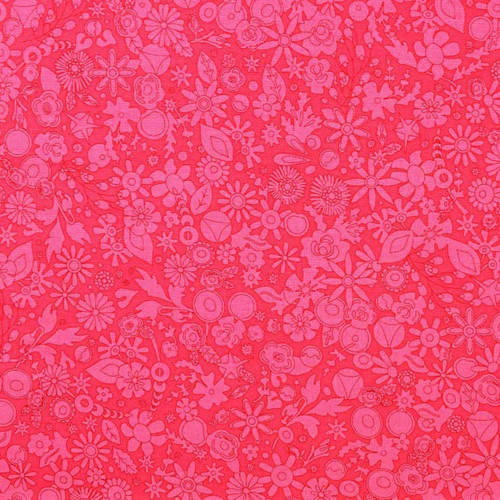 Andover Fabrics Sun Print 2024 by Alison Glass Strawberry Pink Woodland, a vibrant fabric featuring a detailed floral and leaf pattern in shades of pink.