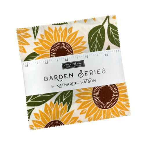 Moda Fabrics Garden Series Katharine Watson Charm Pack Five Inch Squares, fabric with sunflower and leaf pattern, bundled with a measuring tape and label.