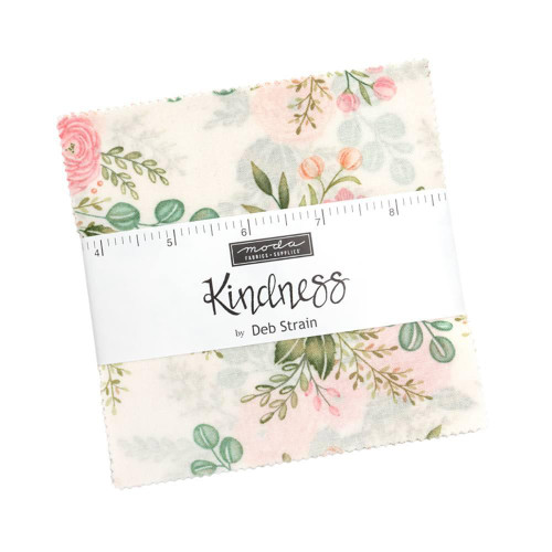 Moda Fabrics Kindness Deb Strain Charm Pack Five Inch Squares, floral fabric bundle with pastel pink, green, and cream-colored patterns.