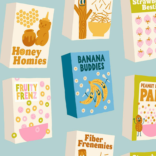 Moda Fabrics Egg and Friends Kimberly Kight Ruby Star Society Breakfast Cereal Polar Blue, colorful illustrated cereal boxes with whimsical characters and fruity themes.