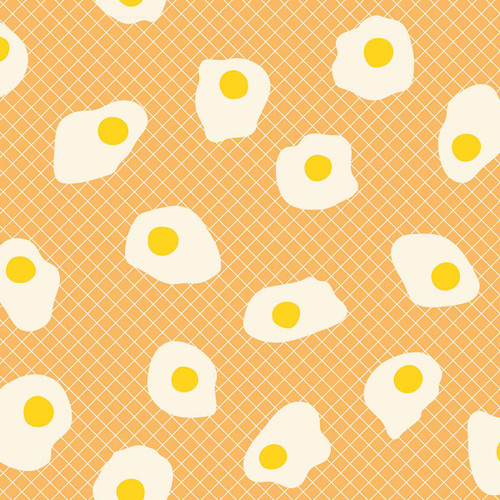 Moda Fabrics Egg and Friends Kimberly Kight Ruby Star Fried Eggs Sunny Side Cantaloupe Yellow fabric, sunny side fried eggs pattern on a cantaloupe yellow background.